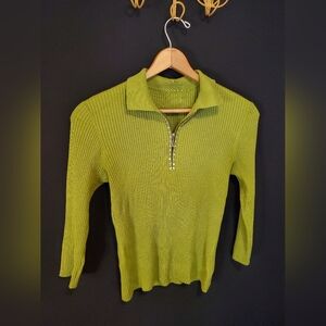 Green Ribbed Half-Zip Sweater